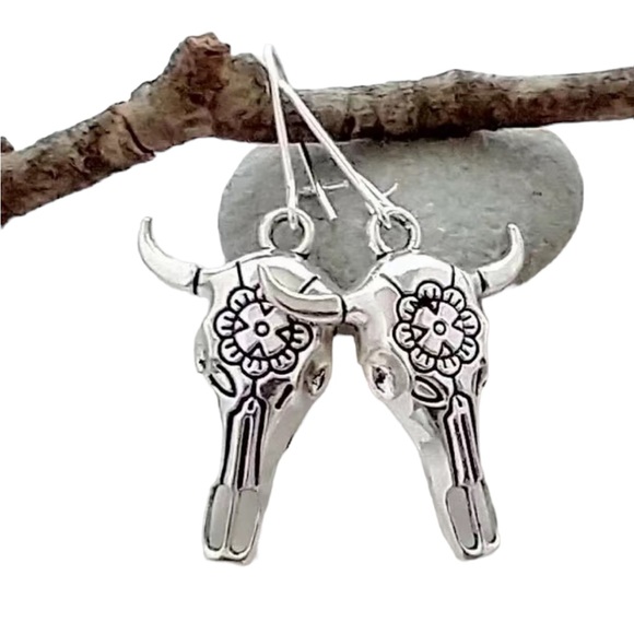 Silver Bull Skull with Flower Drop Earrings - Picture 1 of 4